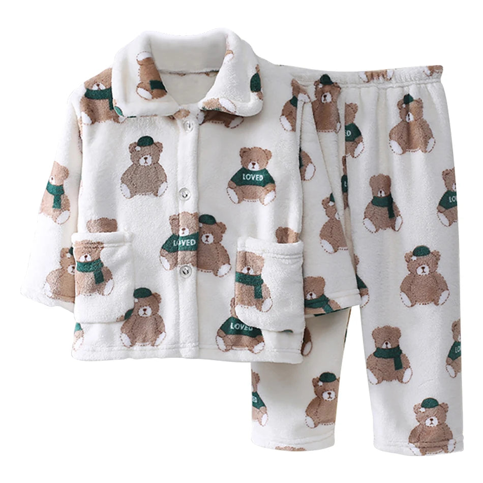 Winter Kids Pajama Set Coral Fleece Sleepwear with Cute Cartoon Clothing Ultra Warm Comfortable Long Sleeve Pajamas for Boy Girl