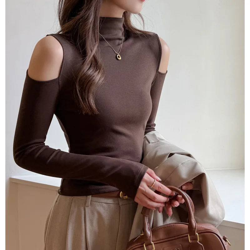 2025 TikTok Trendy Lyocell Top Women Long Sleeve Off Shoulder Sexy Semi-Turtleneck Y2K Elegant Casual Wear