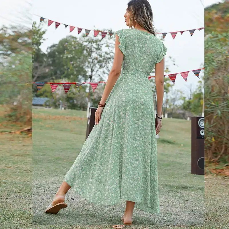 Bohemian Vacation Style Floral Print Wrap Dress with Belt High Waist Short Sleeve Long Skirt for Women in Their Late Twenties