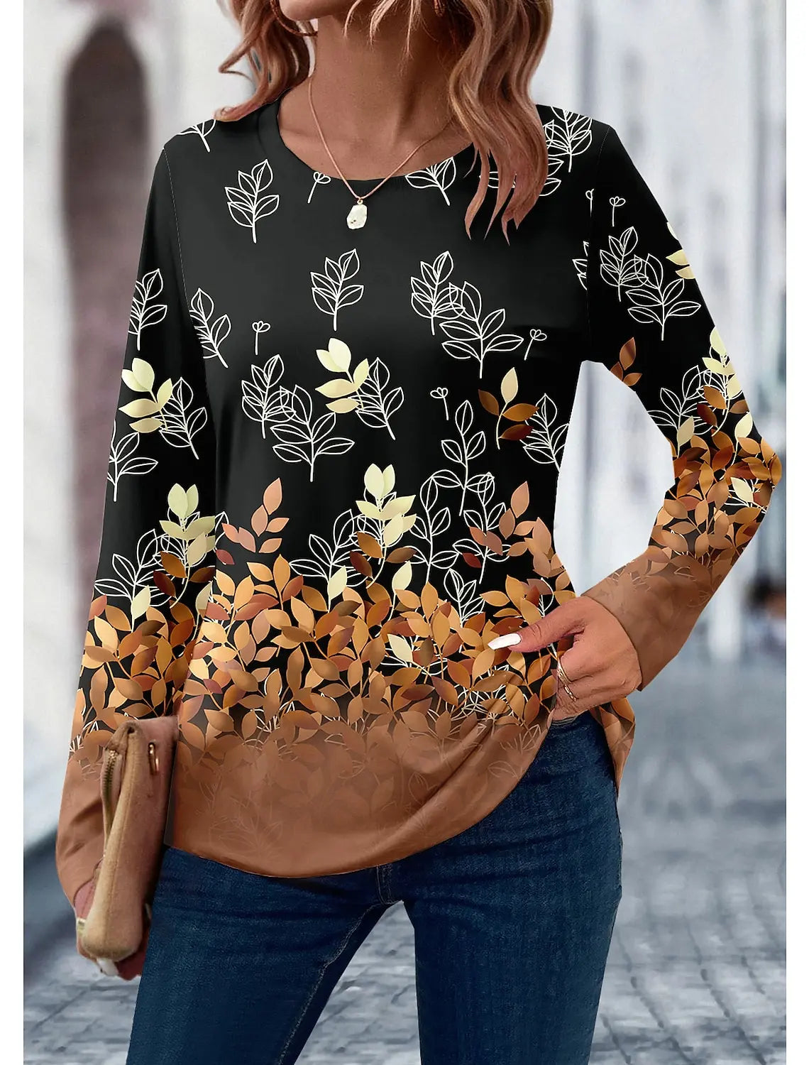 2024 Women's T shirt 3D Print Floral Leaf Design Long Sleeve Daily Weekend Fashion Round Neck Regular Fit Spring & Summer