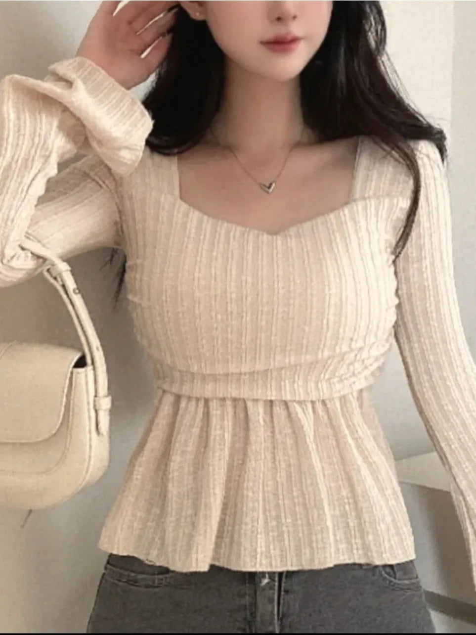 Chic Spring Knitted Top Women's Slim Fit Long Sleeve Bell Sleeve Square Collar T-Shirt Waist Cinching Flounce Hem Korean Style
