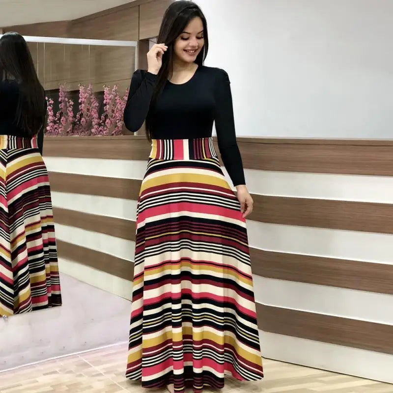 Wish Best Selling Floral Print Color Block Long Sleeve Dress Women's Maxi Dress round Neck Other Material 100% Summer 2020