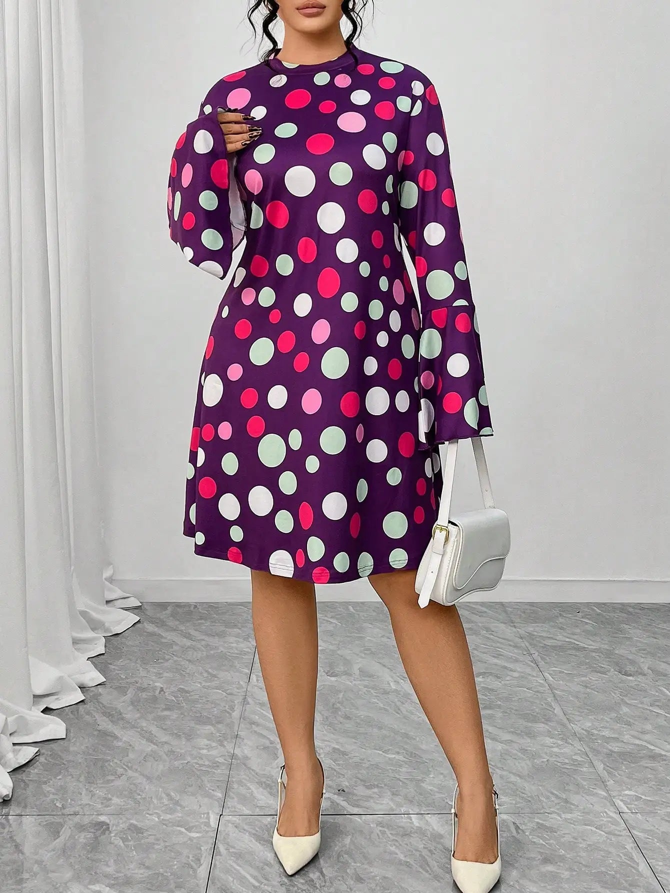 Plus Size Women's Fashionable Casual Round Neck Polka Dot A-line Dress