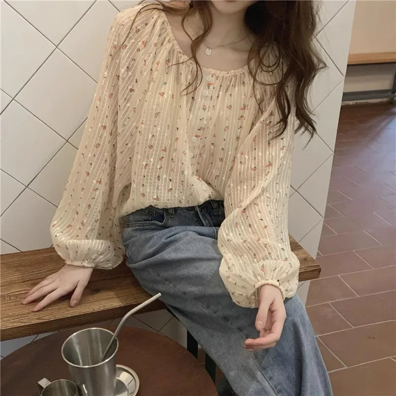 Chiffon Shirts Women Summer Floral Printing Girls Long Lantern Sleeve O-neck Blouses All-match Lovely Button-up Elegant Simple