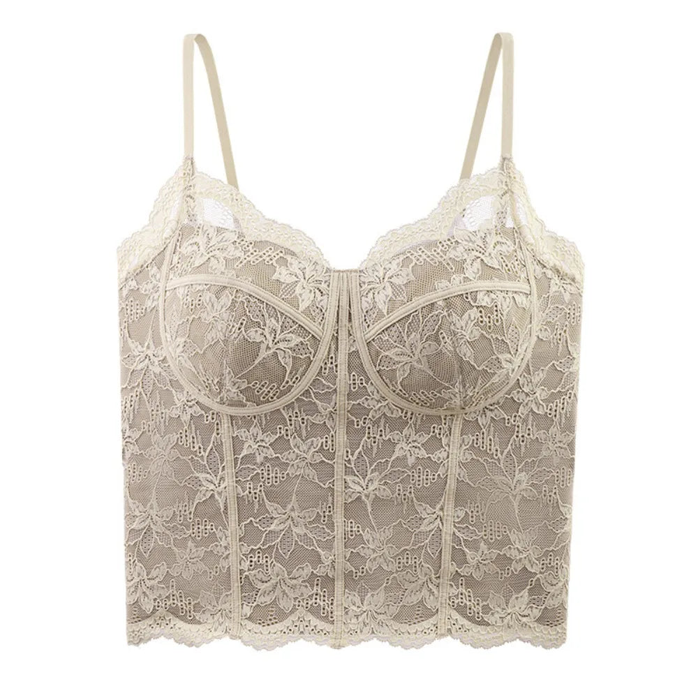 Chic Mesh Flower Slim Lace Crop Top Bottoming Shirt Sweet Girl's Vest Top Spicy Girls Style Summer Camisole with Pads Women