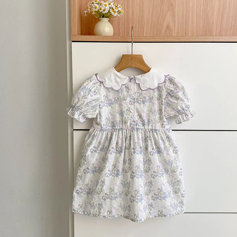 2026 New Summer Baby Girl Short Sleeve Dress Sweet Floral Puff Sleeve Dress 2-6Yrs Embroidered Collar Girl Children Dress