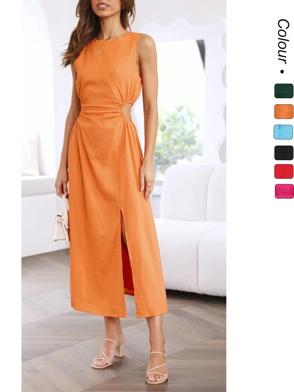 Sweet Style Women's Summer New Pure Color Waist-Cinching round Neck Fashion Dress Cleanfit A-line Skirt No-sleeve Cotton Dress