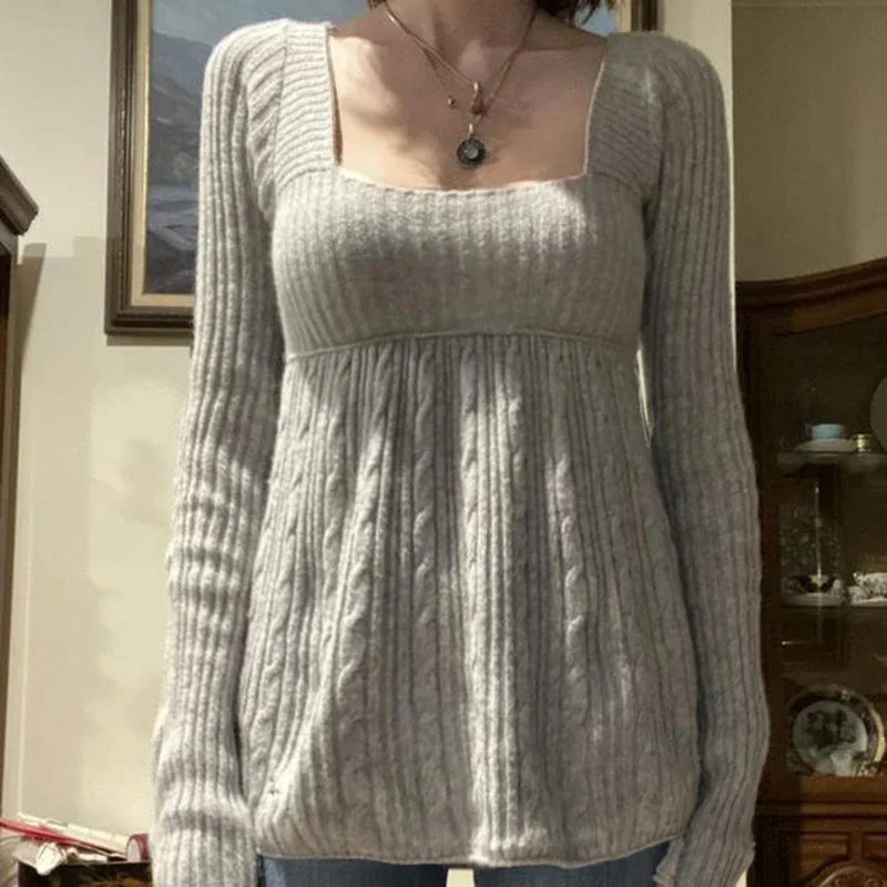 Vintage Babydoll Tops Pullovers Lady Aesthetic Coquette Knit Sweaters Outfit Autumn Square Neck Long Sleeve Knitwear Jumpers