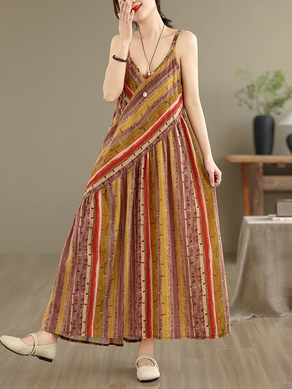 Soft Skin-Friendly Thin Cotton Linen Print V-Neck Waist-Cinched Strap Dress Large Size Summer Long Skirt Women's Dress
