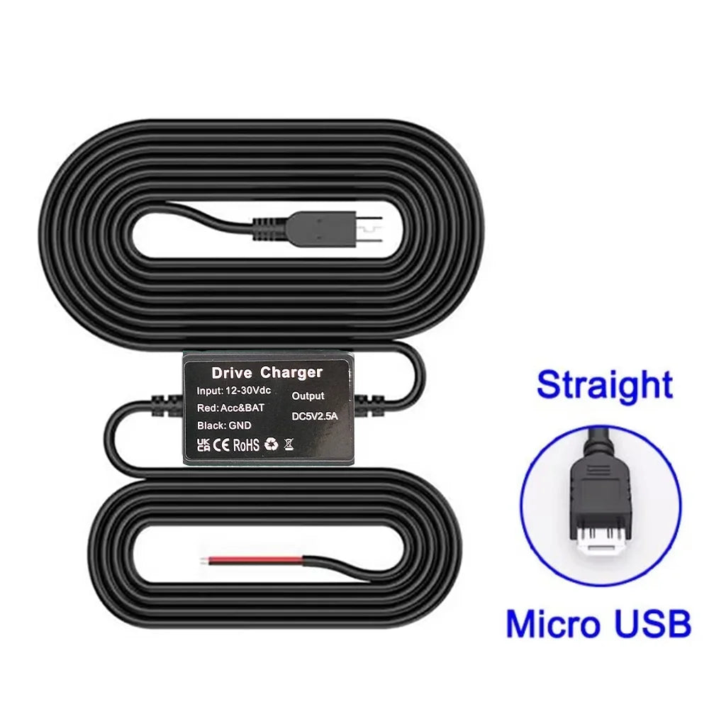 Car Dash Cam step-down Wire 3.2m DVR Hardwire Cable Kit Video Recorder 12–24V to 5V Mini/Micro USB Charger Cable for Car Dashcam