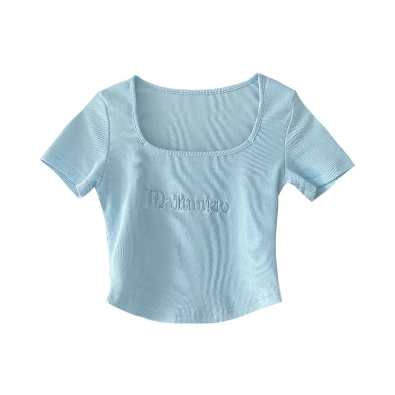 Tshirts Superior Quality spring/summer Letters Embroidery Short Sleeve Tall Waist Fashion Ladies Tops Dropshipping WYP6723