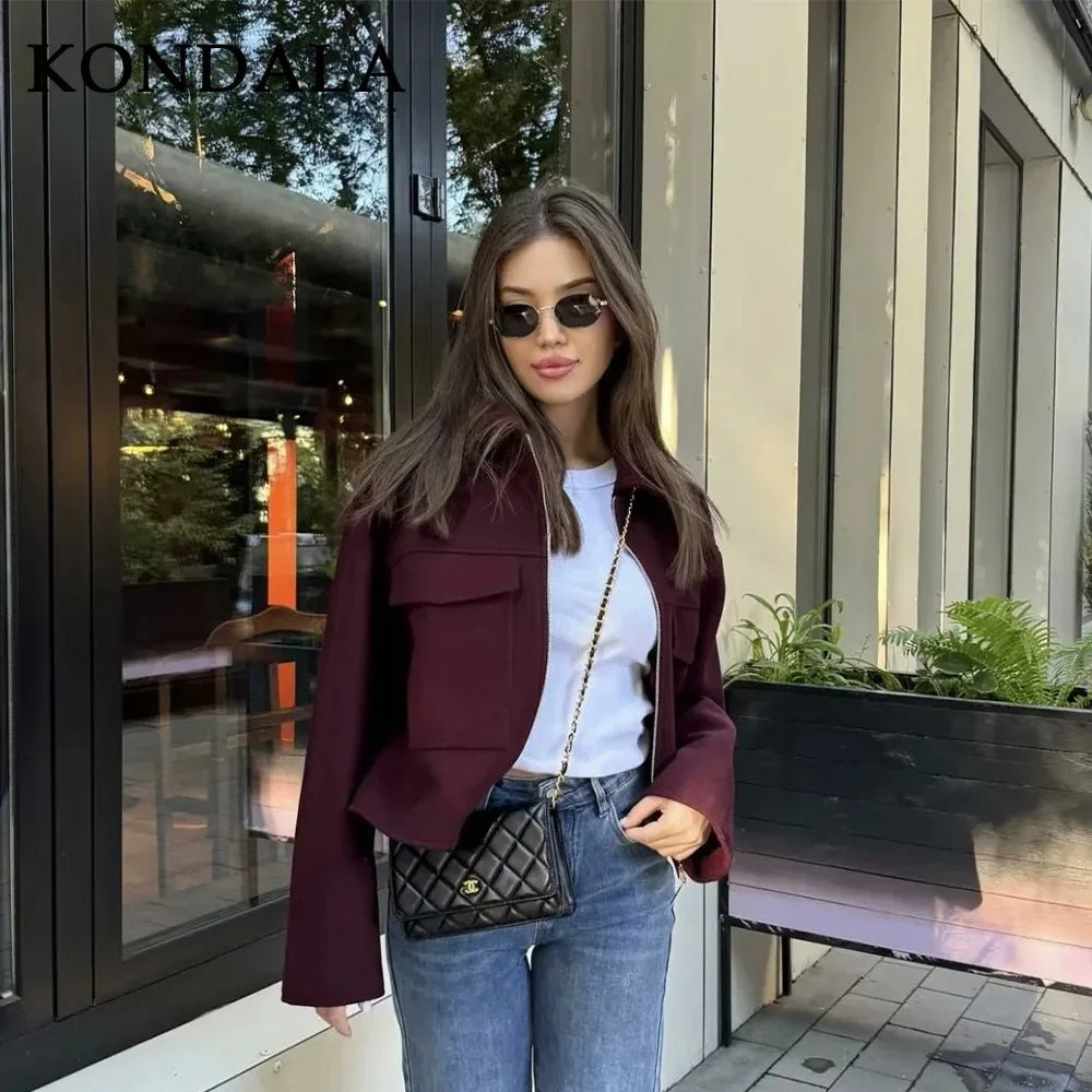 KONDALA 2026 Spring Summer Casual Women Wine Red Jackets Fashion Streetwear Zipper Pockets Turn Down Collar Chic Ladies Jackets