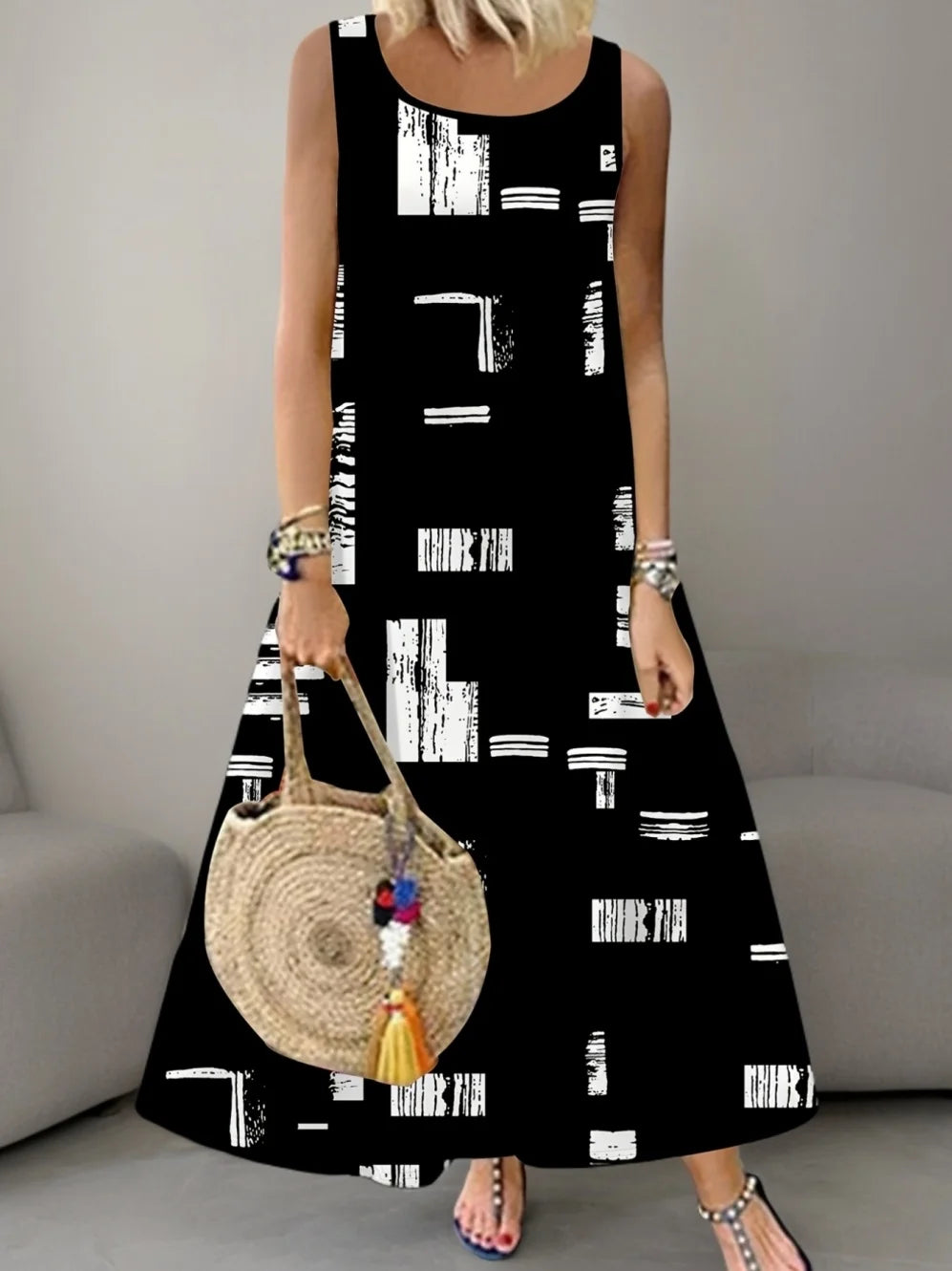 Women's Casual Dresses Summer Stylish Polka Dot Print Sleeveless Dress with Round Neck and Pockets Fashion Elegant Party Dresses