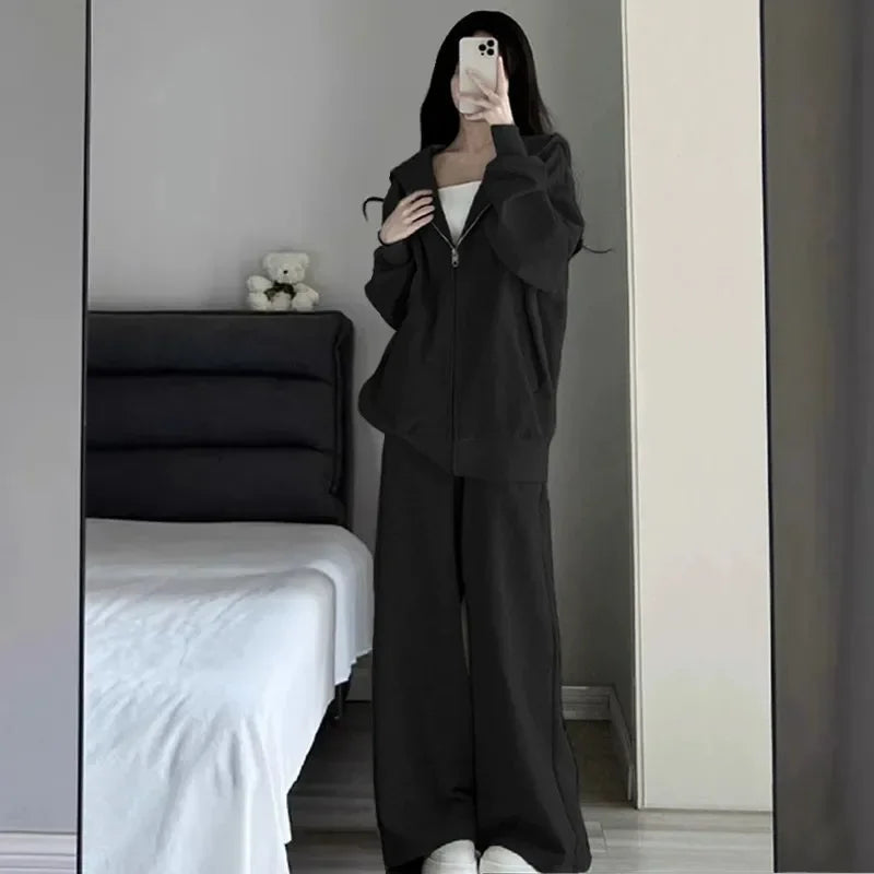 Grey Loose Women's Sportswear Set Autumn Winter Casual Wide Leg Pants Hoodie Two Piece Suit Comfortable Fashion Outfit