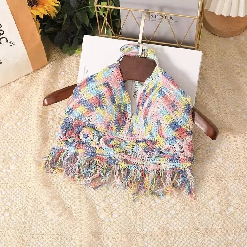 Crop Tops Retro Wild Hollow Perspective Tassel Sexy Spaghetti Strap Tanke Top Women Built In Bra 2021 New Back Lace Halter Neck