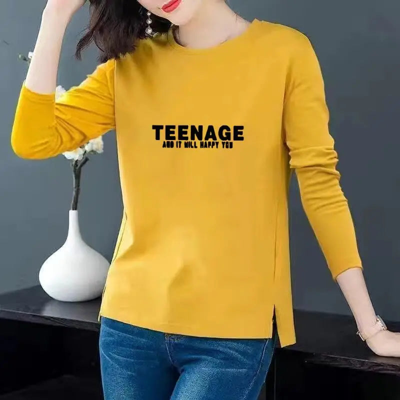Women Korean Fashion Print Simple All Match T-shirt Spring Autumn Casual O Neck Irregular Tees Long Sleeve Loose Tops Ropa Mujer