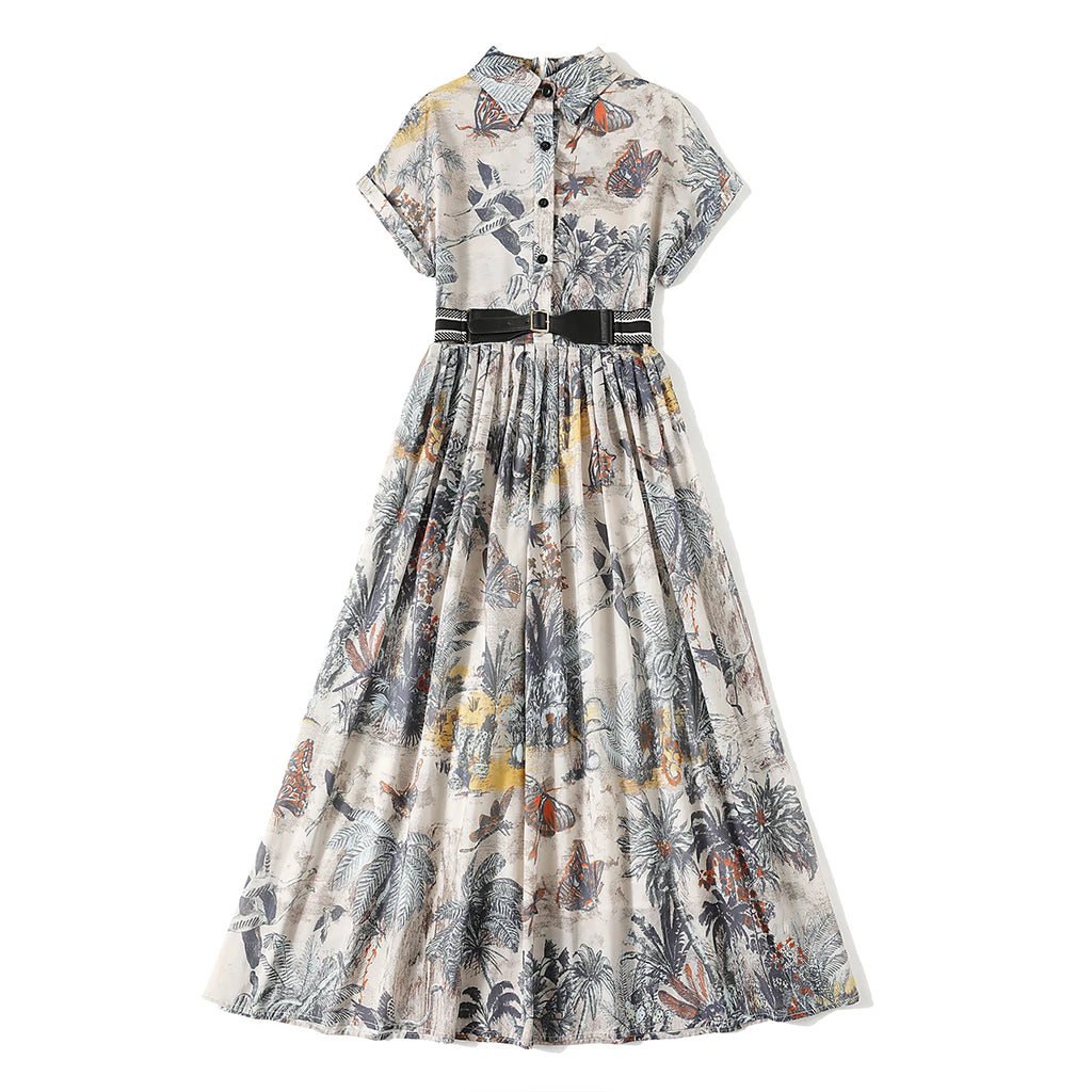 Designer Summer Women's A-Line Dresses 2023 Runway Elegant Lapel Short Sleeve Vintage Printed Midi Vestidos Robes Ladies M1861