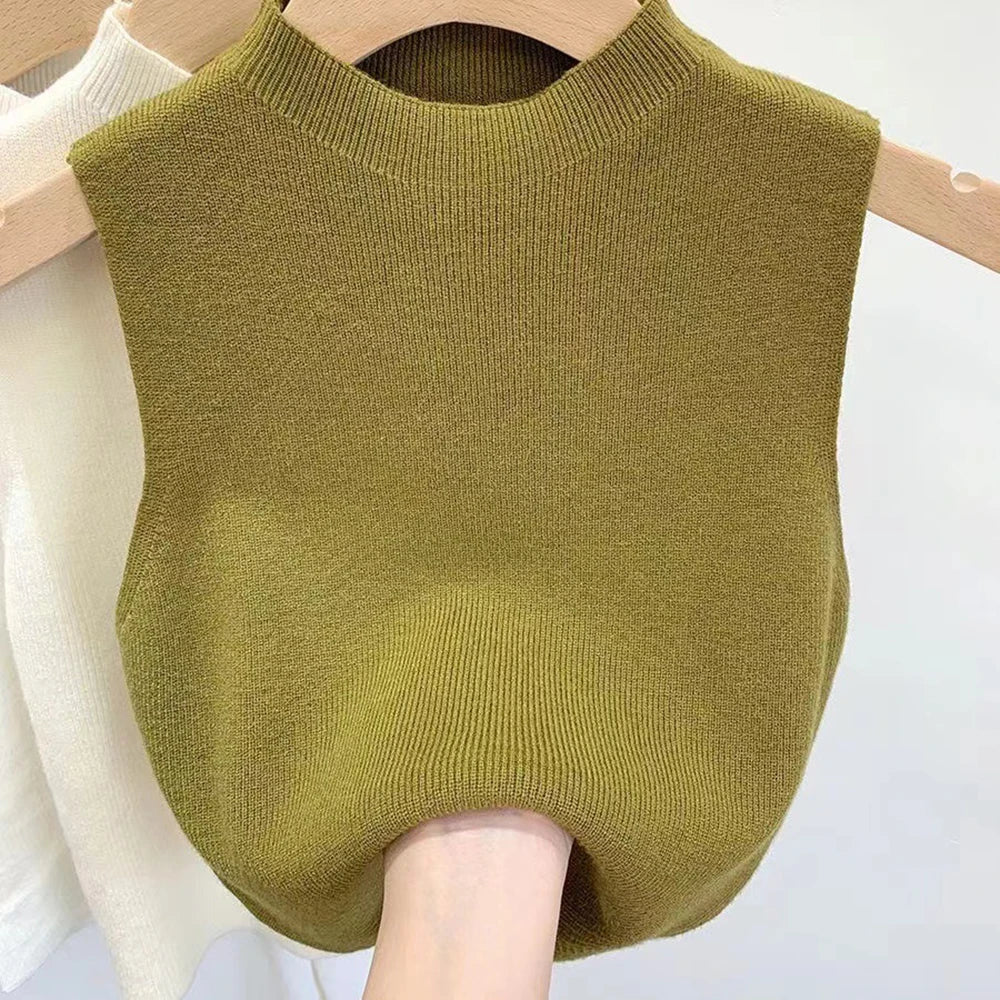Elegant Knit Vest Top Sleeveless Women Camisole Tees T-Shirt Pure Color Sweater Half-turtleneck Vest Tank Top Simple Cropped Top