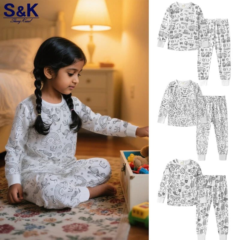 2026 Spring Kids Pajamas Set Baby Cute Graffiti Pyjamas Baby Boys Girls Breathable Sleepwear Sets Kid Cotton Loungewear