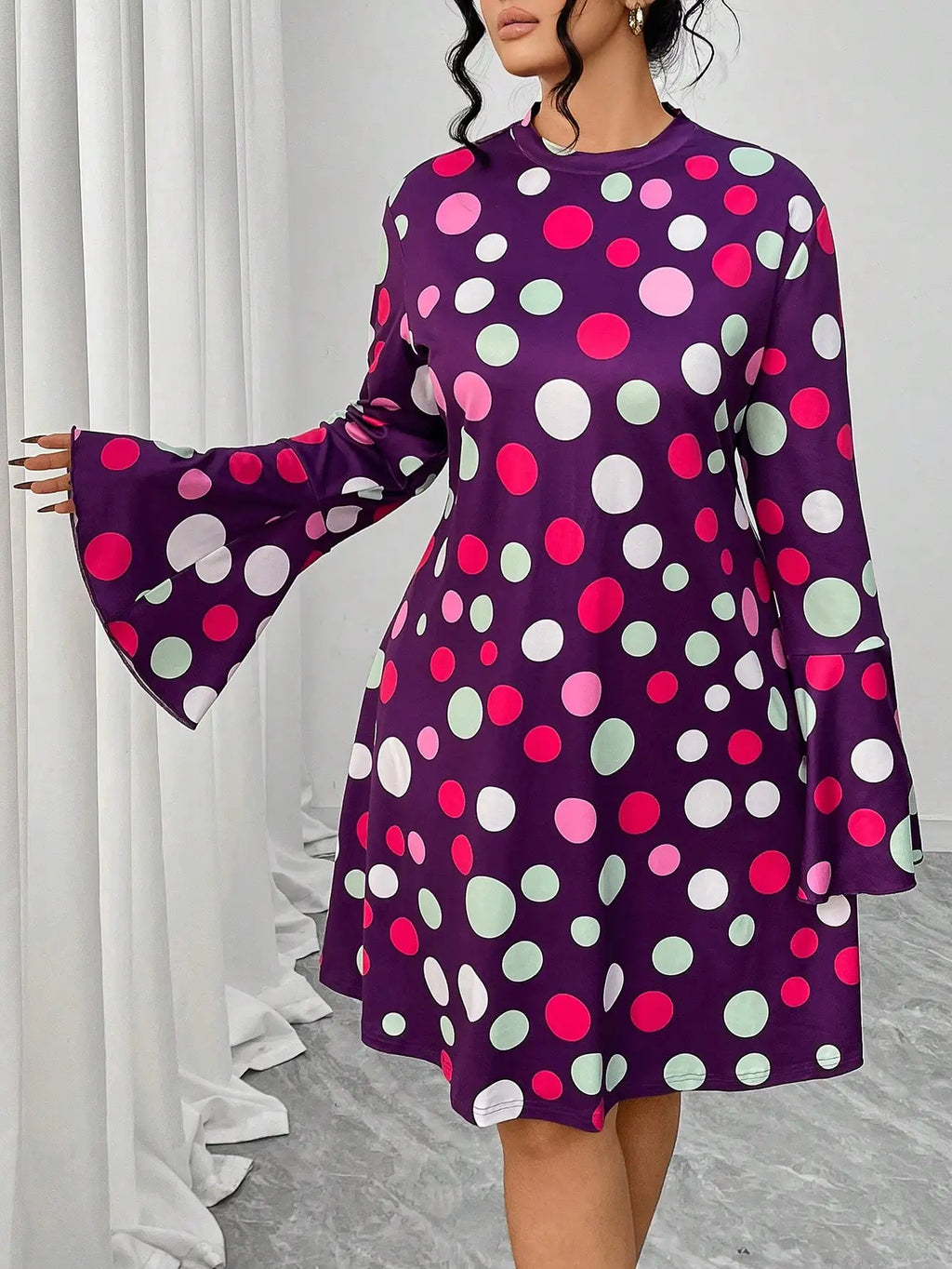 Plus Size Women's Fashionable Casual Round Neck Polka Dot A-line Dress