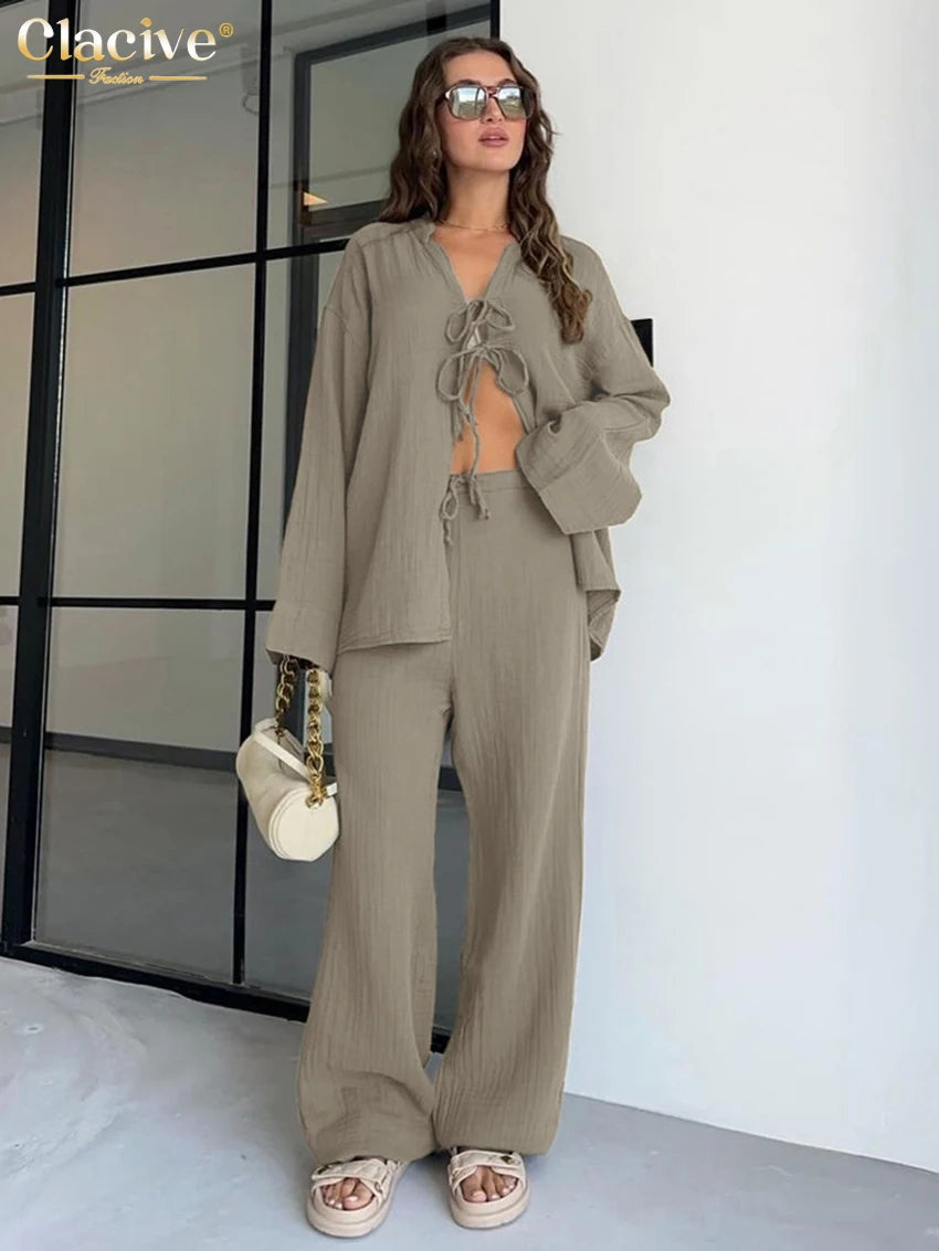 Clacive Fashion Loose Brown Cotton 2 Piece Set Women Outfit 2025 Elegant Long Sleeve Shirt With High Waist Wide Pants Set Female