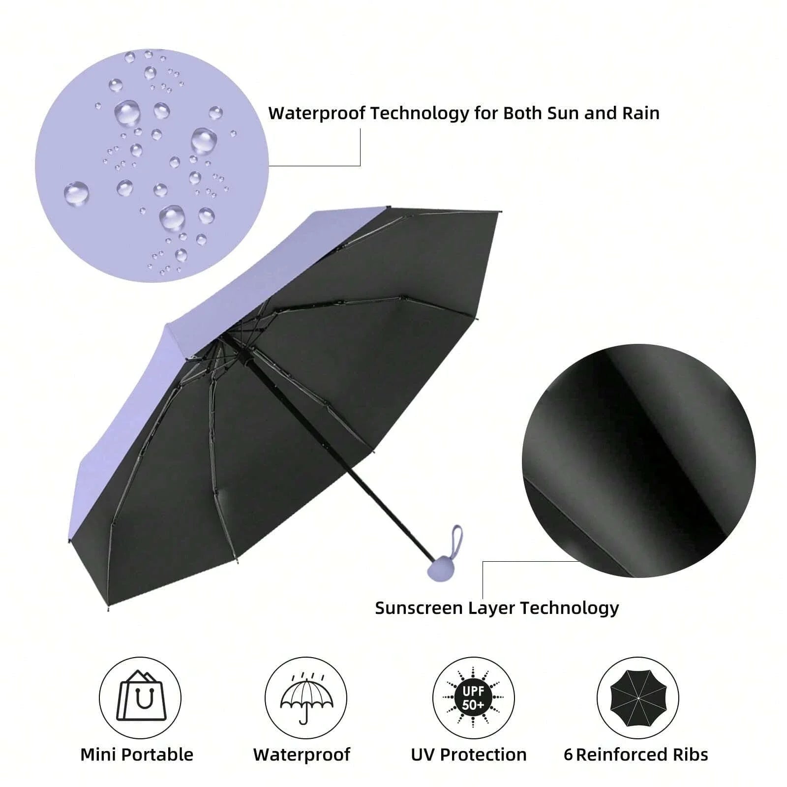 2025 Anti-Uv Mini Umbrella For Sunny And Rainy Days, Portable With Uv Coating And 6 Reinforced Ribs