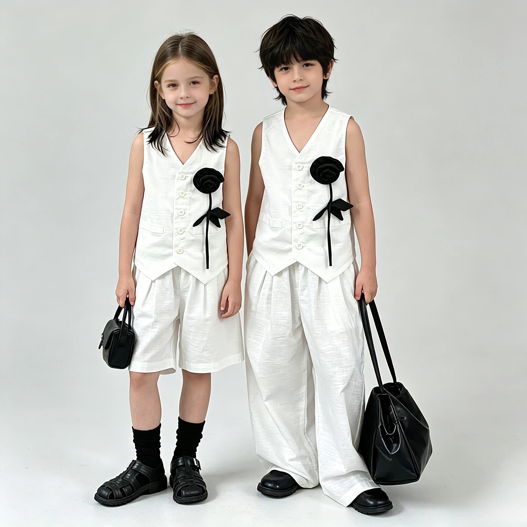 Kids White Vest Set Boys Girls Floral Decor V-Neck Waistcoat Shorts Pants Toddler Summer Formal Party Gentleman Casual Outfit