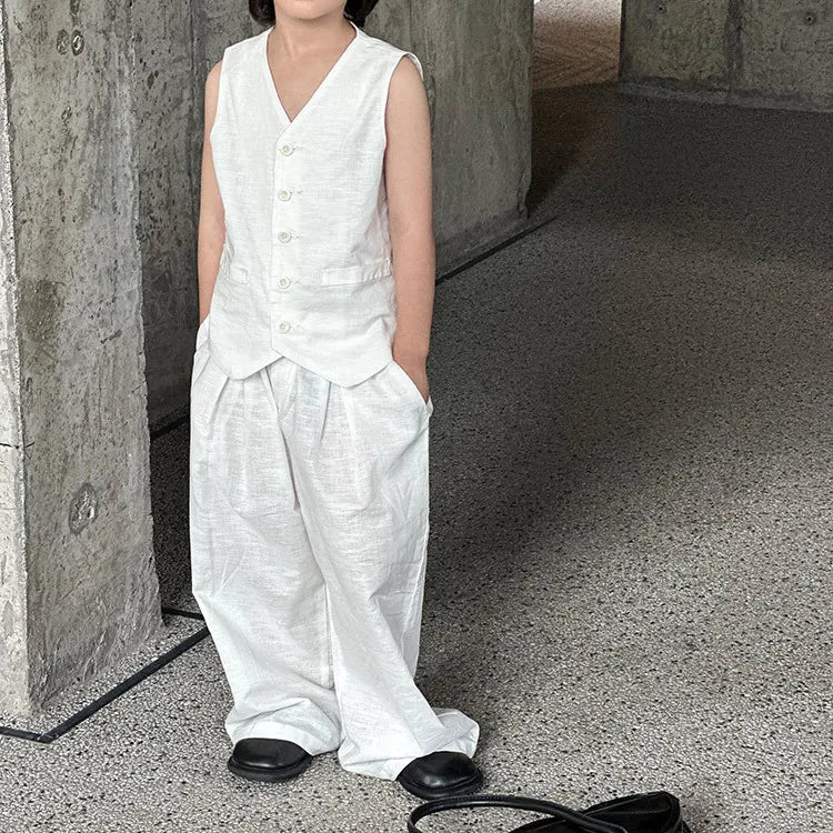 Kids White Vest Set Boys Girls Floral Decor V-Neck Waistcoat Shorts Pants Toddler Summer Formal Party Gentleman Casual Outfit