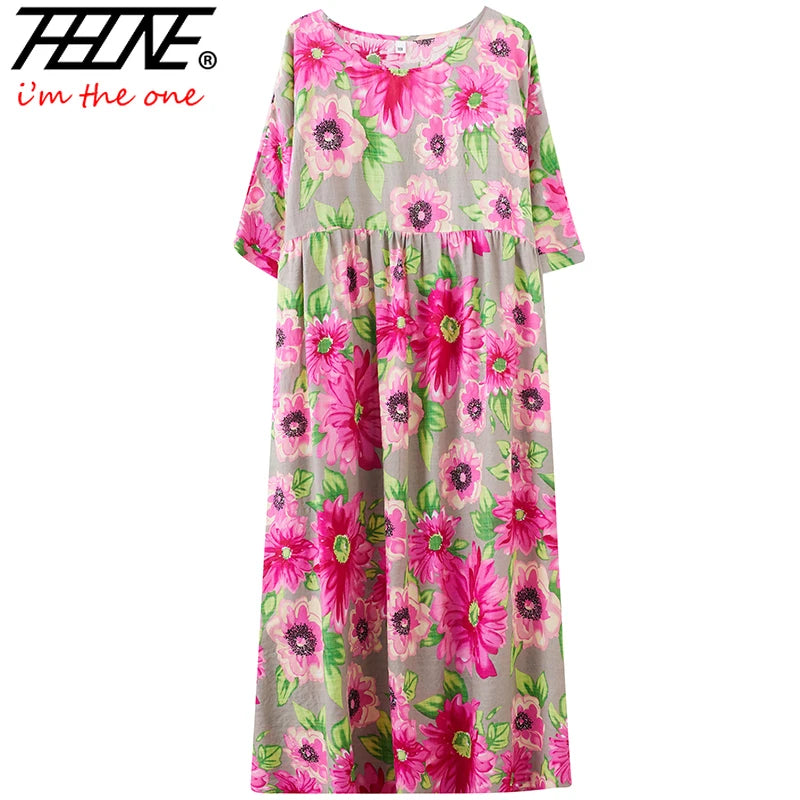 THHONE Vestidos Para Mujer Bohemian Print Maxi Long Dress for Women 2024 Floral Casual Cotton Linen Loose Vintage Robe Dresses