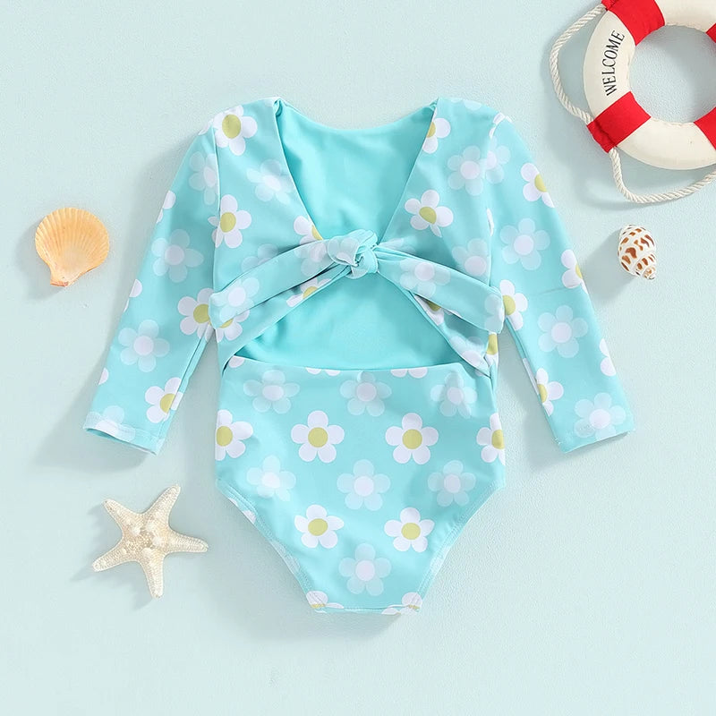 0-4Y Baby Girls Long Sleeve Swimwear Floral Print Back Cut Out Knot Swimsuits Toddler Bathing Suits Beachwear Kids Bikini