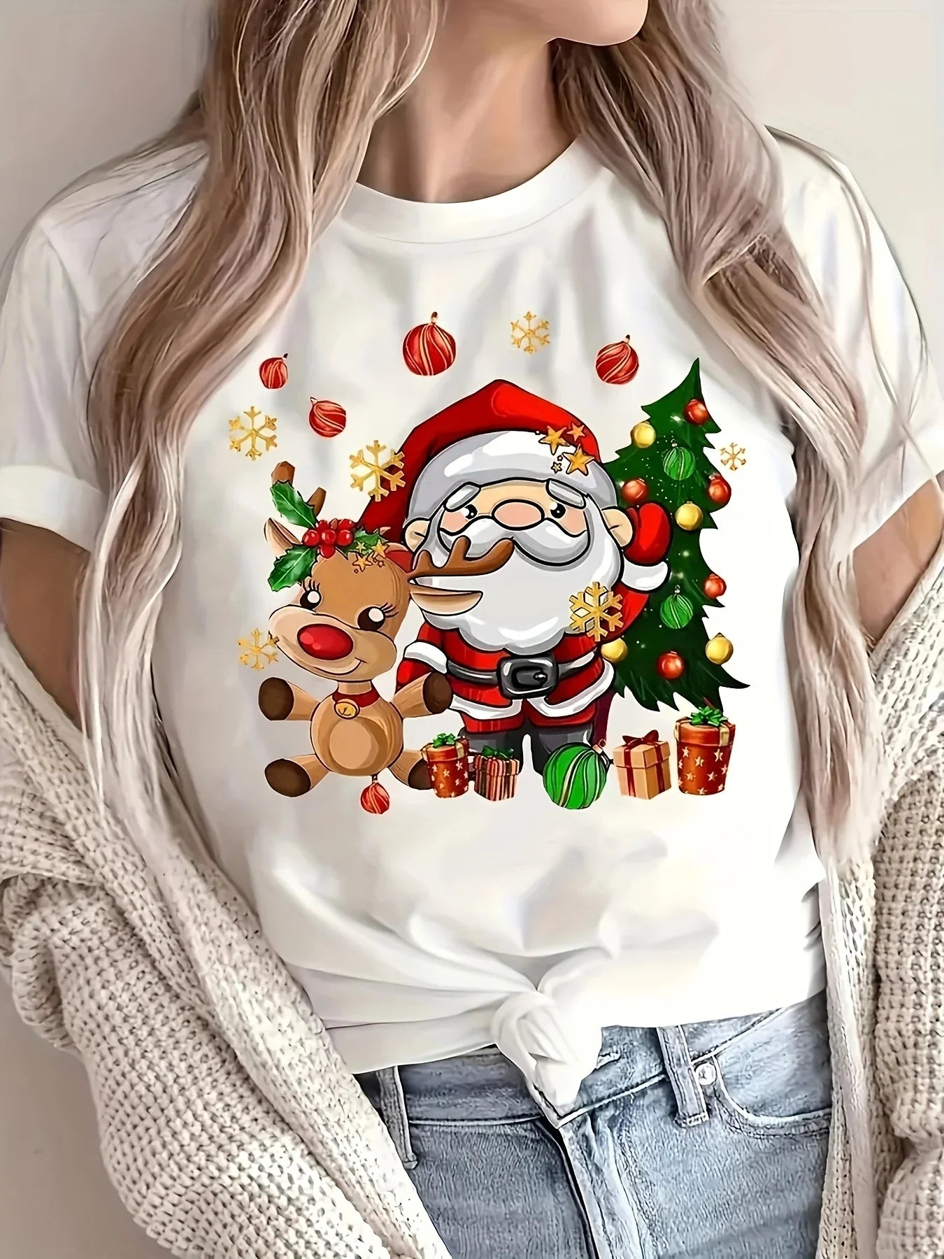 2025 Christmas Santa and Reindeer Print Crew Neck T-Shirt Harajuku Sleeve Women's T-shirt Clothing Street Tees Aesthetic Tops