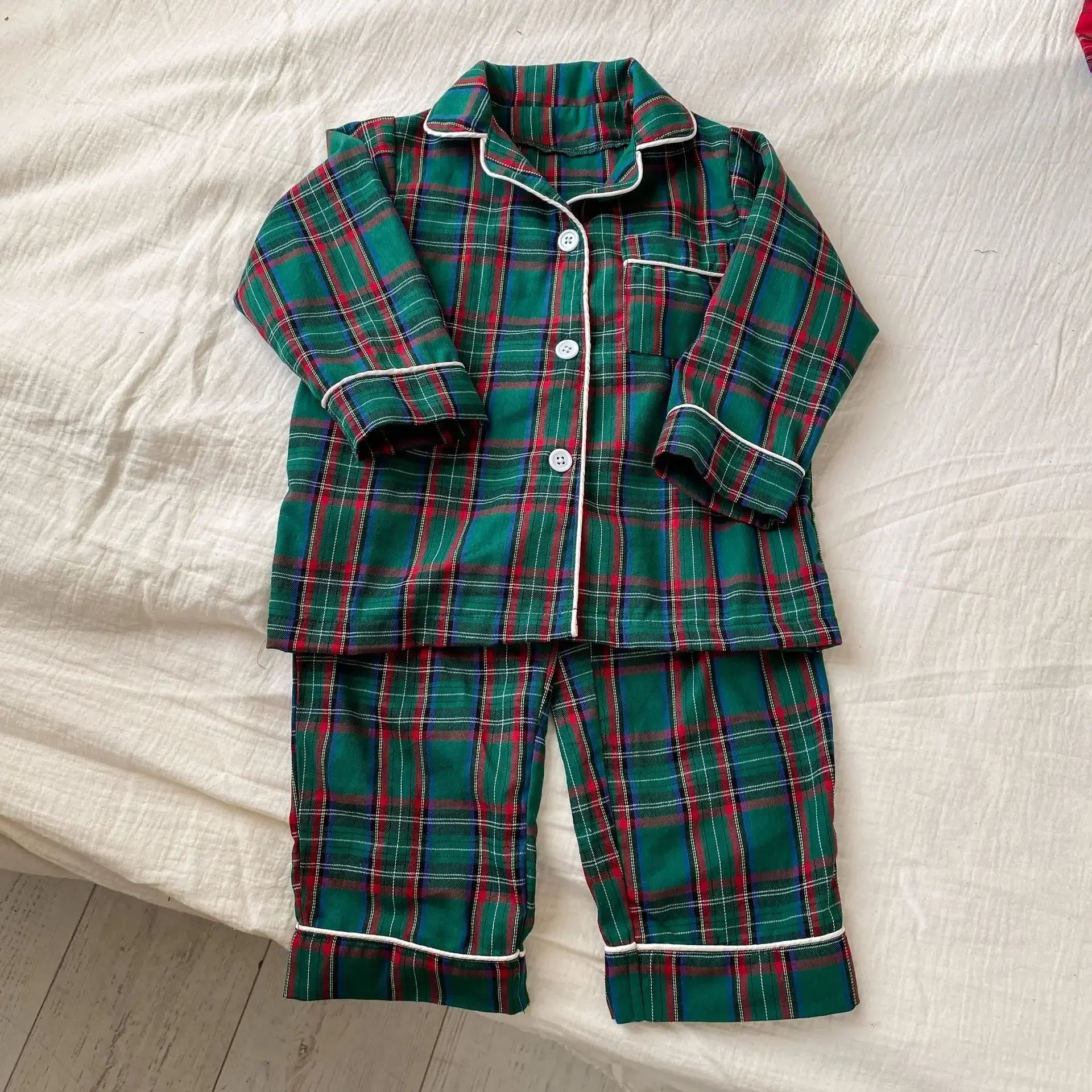 4966 Christmas Children's Pajamas Suit  Autumn Winter Cotton Plaid New Girls Long Sleeve Suit Baby Boy's Home Clothes