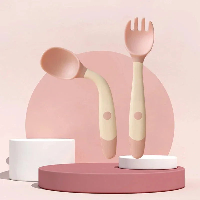 Baby Fork and Spoon Set Soft Silicone Handle Bendable Toddler Utensils Training Tableware Self Feeding Tools for Infants Kids
