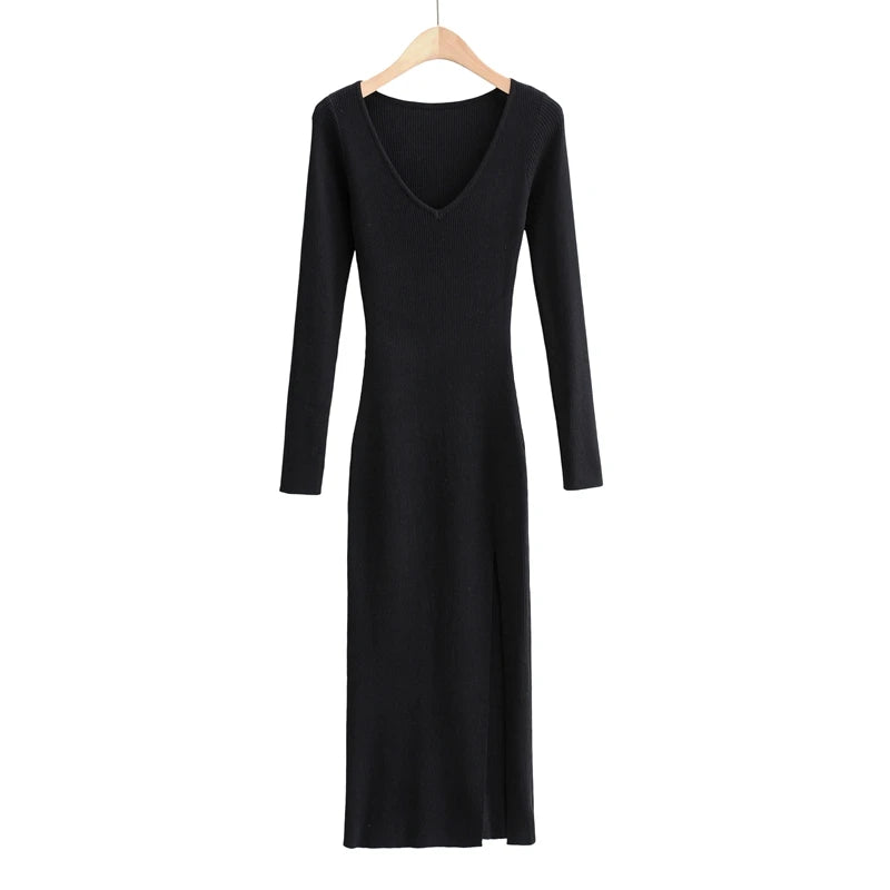 2026 New Basic Fashion Women Elastic Solid Elegant V Neck Sweater Dress Long Sleeve Ladies Side Open Midi Long Dress