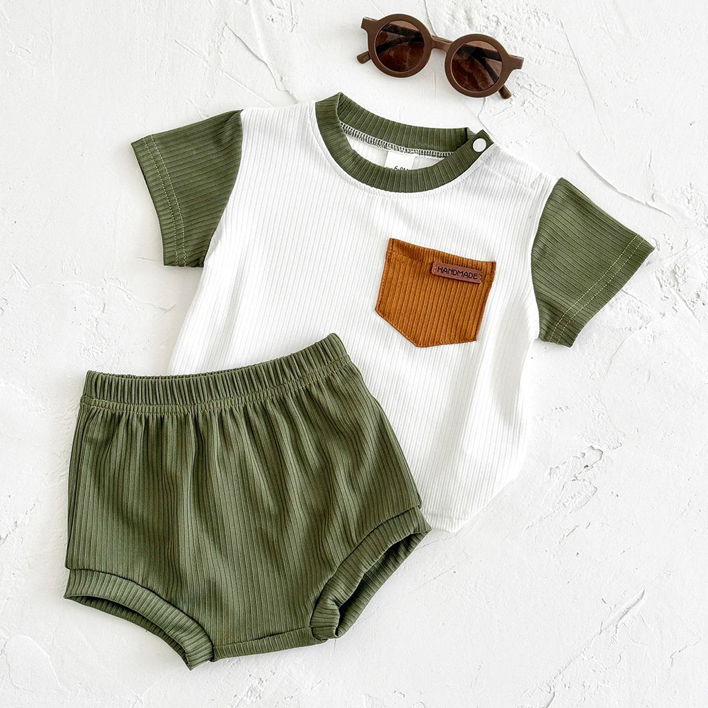 New Baby Boys Girls Suit Summer Style Green and White Splicing Tees+Loose Shorts Girls 2Pcs Casual Infant Sets Toddler Clothes
