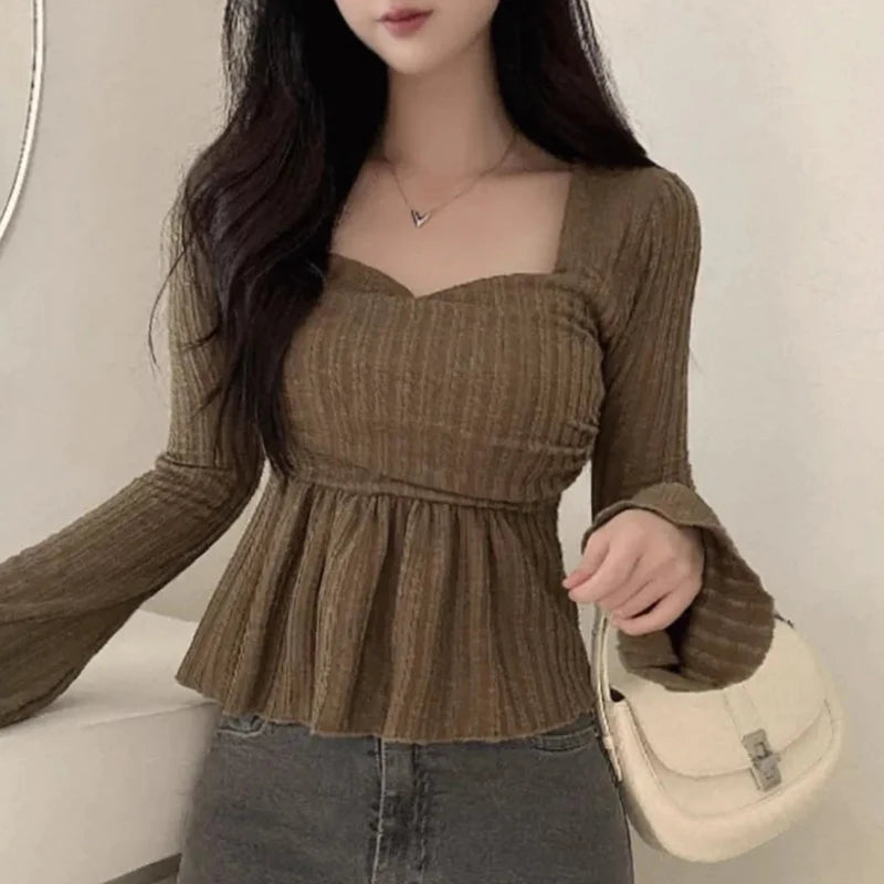 Chic Autumn Pure Desire Style Square Collar Pleated Slim Fit Bell Sleeve Knitted Top Women's Business Casual Fashion
