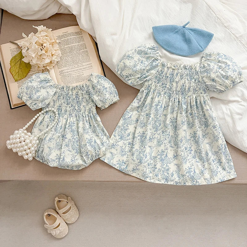 2024 New Summer Sisters Clothes Girls Princess Dress Toddler Baby Bodysuits Short Sleeved Cotton Print Kids Party Dress