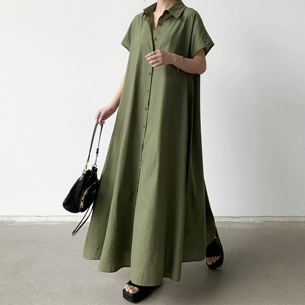 Women's shirt dress loose casual solid color lapel single-breasted short-sleeved dress summer long dresses vestidos femenino