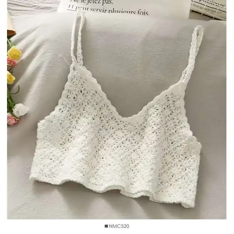 Crop Tops Retro Wild Hollow Perspective Tassel Sexy Spaghetti Strap Tanke Top Women Built In Bra 2021 New Back Lace Halter Neck