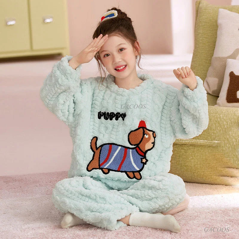 Flannel Pajamas For Boy Flannel Warm Pyjamas Kids Thicken Cartoon Teens Sleepwear Cute Big Boys Girls Night Clothes 10 12 14 16Y