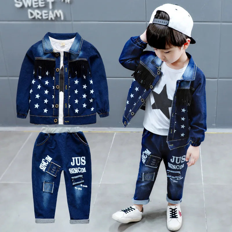 Children's Set 2025 New Spring and Autumn Boys' Korean Edition Denim Set Coat+T-shirt+Jeans Infant Fashion Three Piece Set 0-6Y