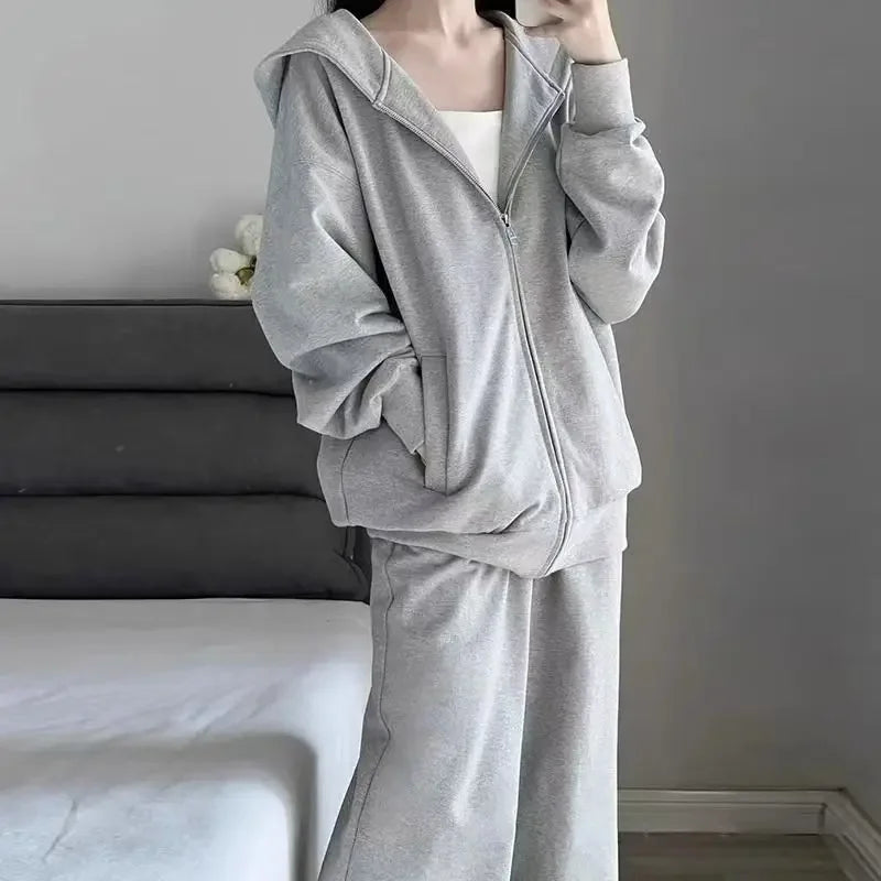 Grey Loose Women's Sportswear Set Autumn Winter Casual Wide Leg Pants Hoodie Two Piece Suit Comfortable Fashion Outfit