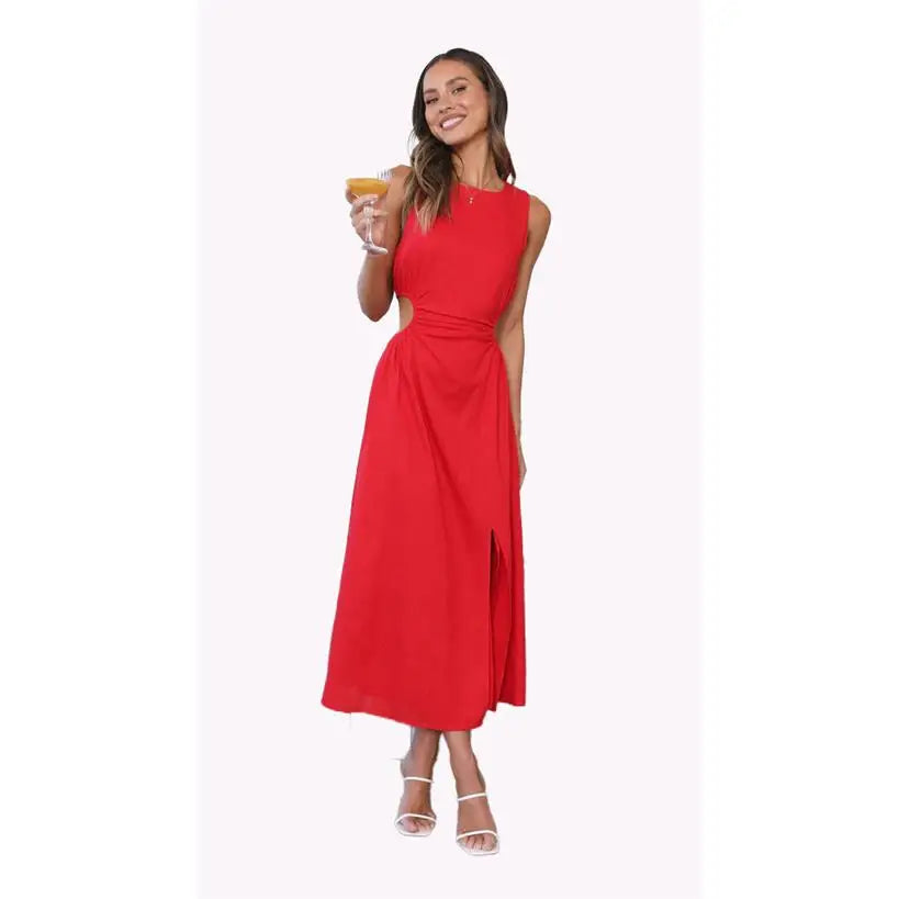 Sweet Style Women's Summer New Pure Color Waist-Cinching round Neck Fashion Dress Cleanfit A-line Skirt No-sleeve Cotton Dress