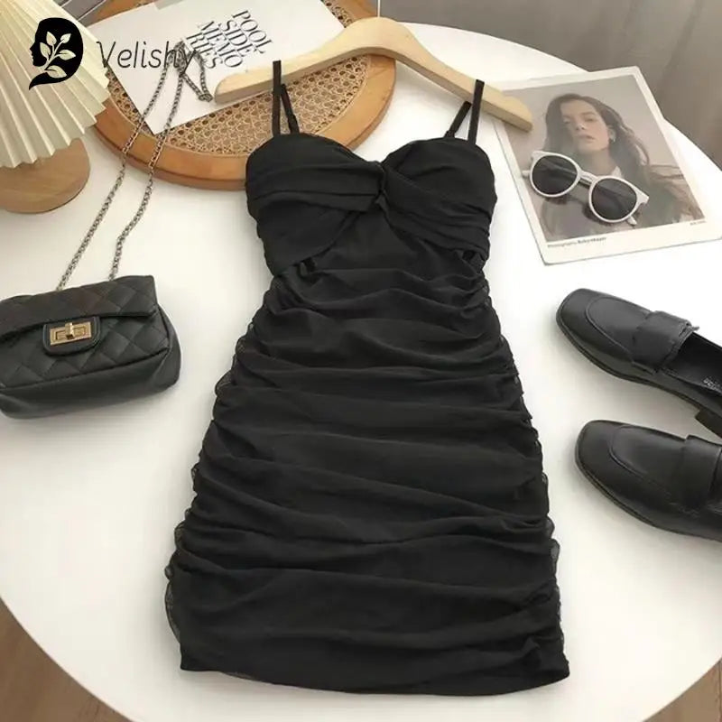 Dresses Women Sexy Club Shirring Design Summer Leisure Lady Mini  Straps Dress