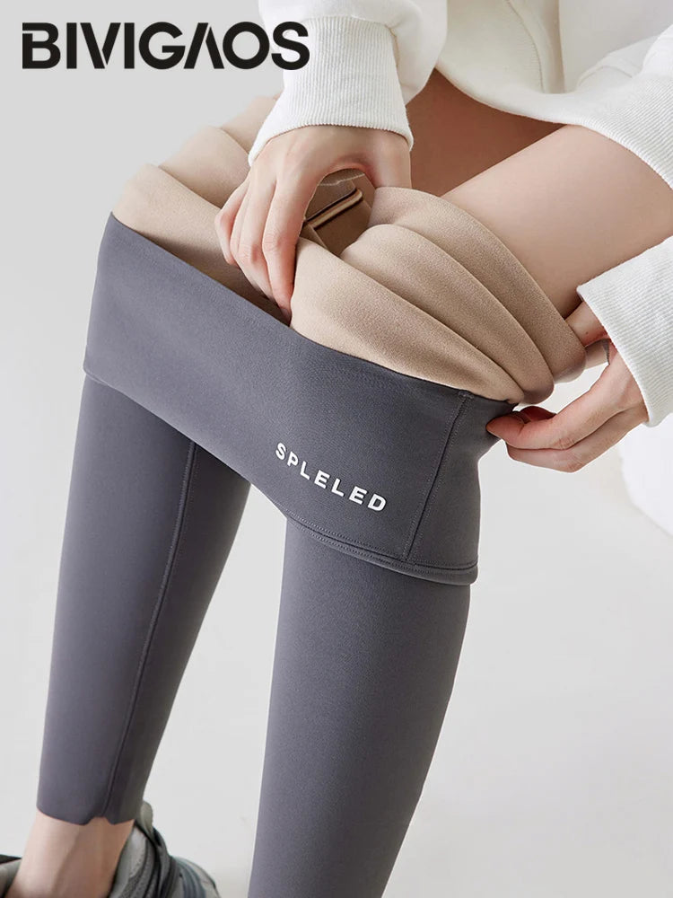 BIVIGAOS Autumn New Rabbit Velvet Shark Leggings Women High Waist Thin Fleece Warm Leggings Winter Seamless Sport Casual Legging
