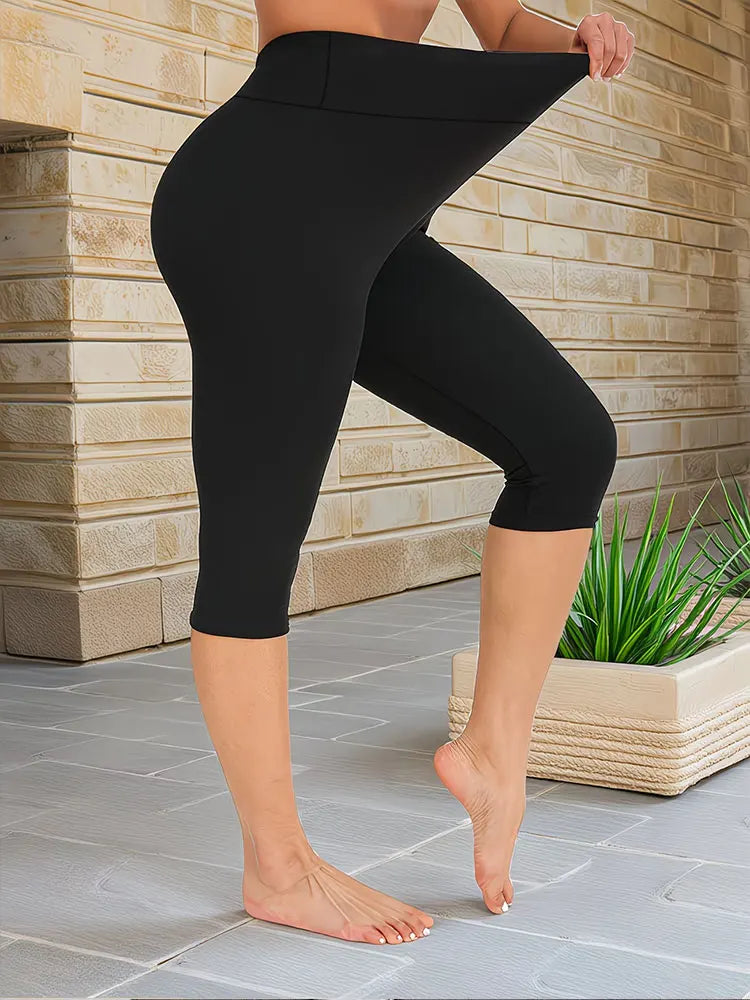 Elegant Solid Color Capri Leggings Black Casual Comfortable Knitted Fabric High Stretch Slim Fashion Workout Running Sports Pant