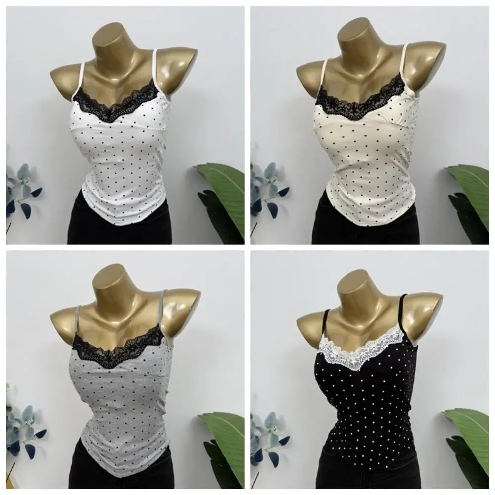 Lace Ruffled Dots Sling Vest Top Sleeveless Bottoming Shirt Camisole with Pads Tank Spicy Girl Style Y2K Slim Crop Top Summer