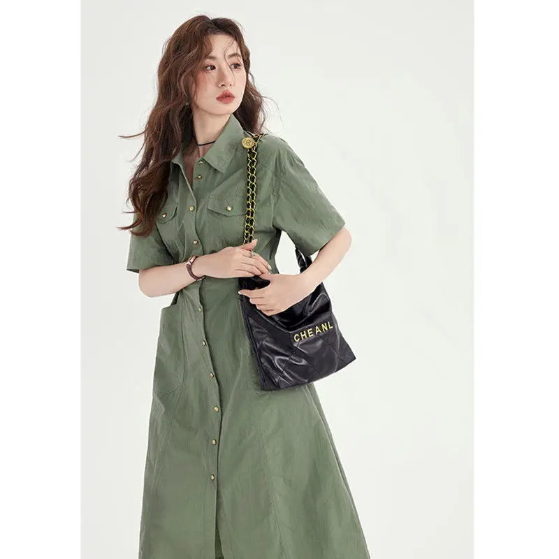 Fashion Lapel Button Pockets Lace Up Casual Dresses Female Clothing Summer New Loose Short Sleeve Solid Color Midi Dress