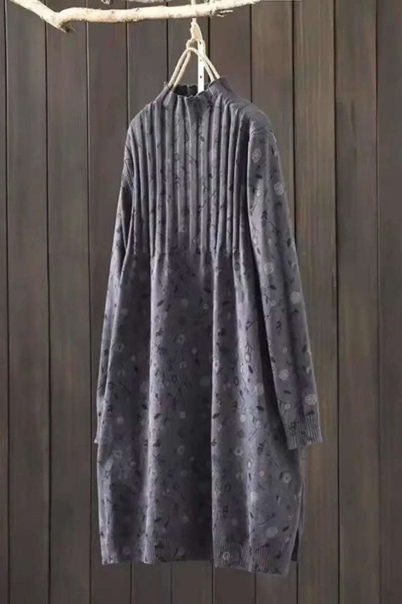 Retro Printed Half High Necked Sweater Dress 2026 Spring Autumn Mid Length Loose Oversized Pullover Bottom Knit Shirt Z4697