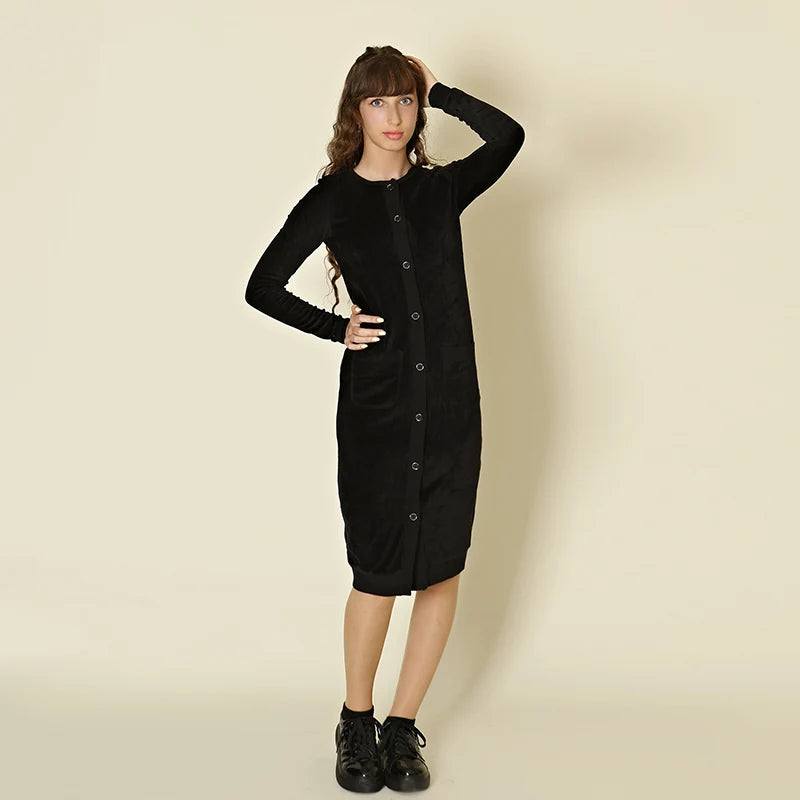 AA-XS-XXL Women Dress Button Front Long Sleeve Casual Dress with Pocket 2024 Trendy Black Velvet Bodycon Midi Dresses Plus Size